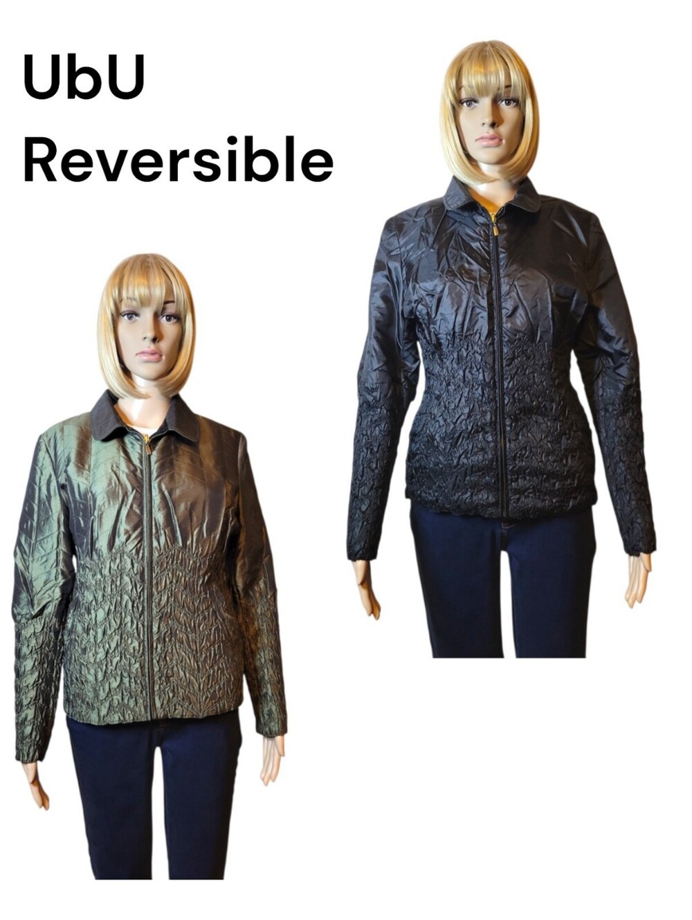 NWOT UbU Reversible Crinkle Stretch Zip-Up Jacket M Olive Green Black